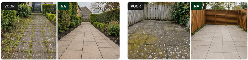 Voor en na resultaat van een tuinpad met mos en onkruid